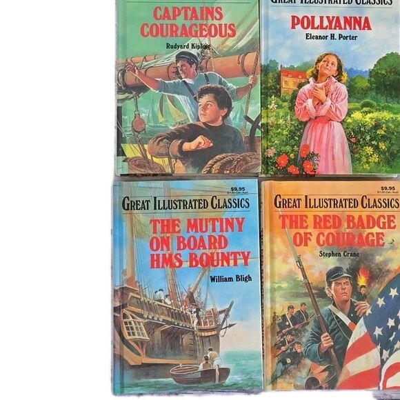 Great Illustrated Classic Books Lot Of 4 HC Pollyanna Captains Courageous Red - Picture 1 of 3